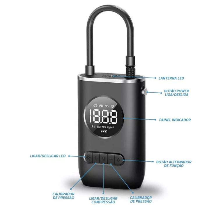 Mini Compressor de Ar Portátil Recarregável Digital USB com Calibrador de Pneus