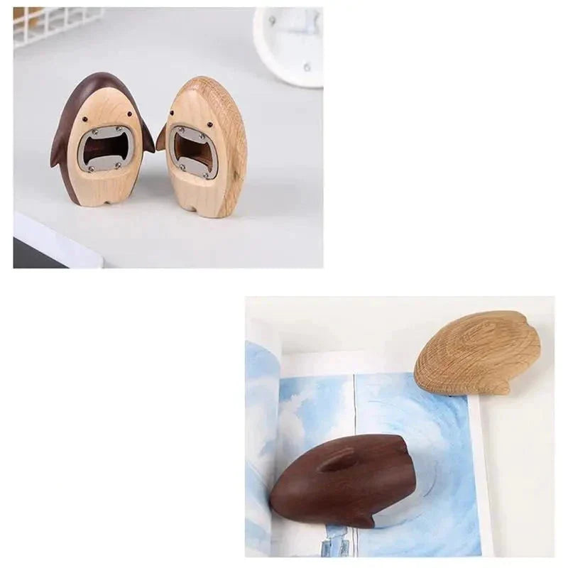 Abridor de Garrafas Criativo em Madeira de Carvalho - Design Tubarão