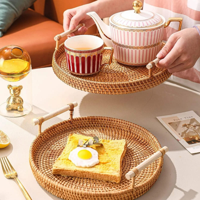 Bandeja Decorativa Redonda de Vime e Rattan Artesanal