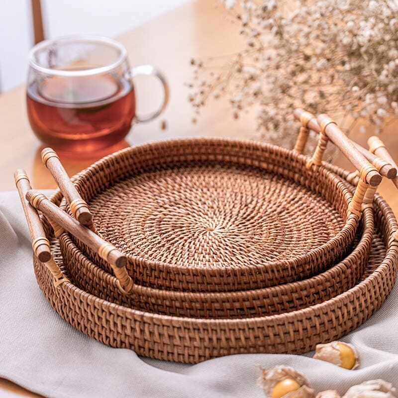 Bandeja Decorativa Redonda de Vime e Rattan Artesanal
