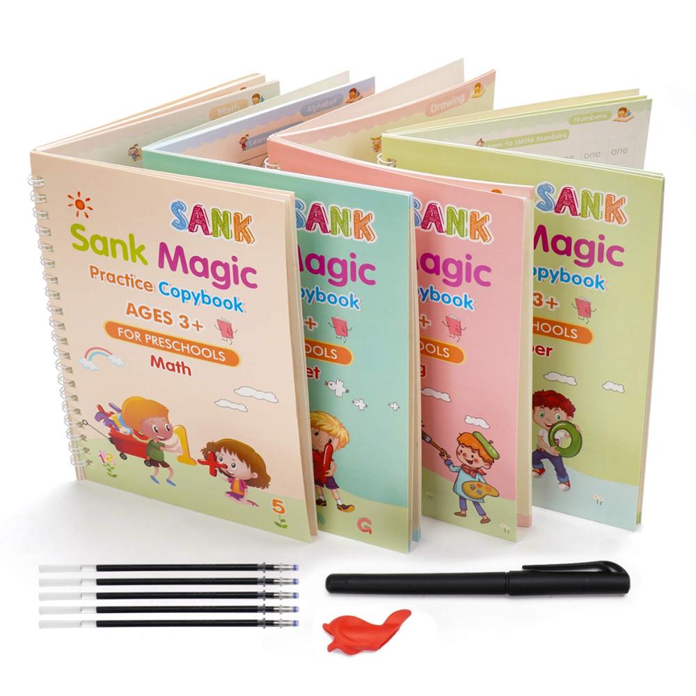 Caderno de Caligrafia Reutilizável - Kit com 4 Cadernos Mágicos para Prática de Escrita