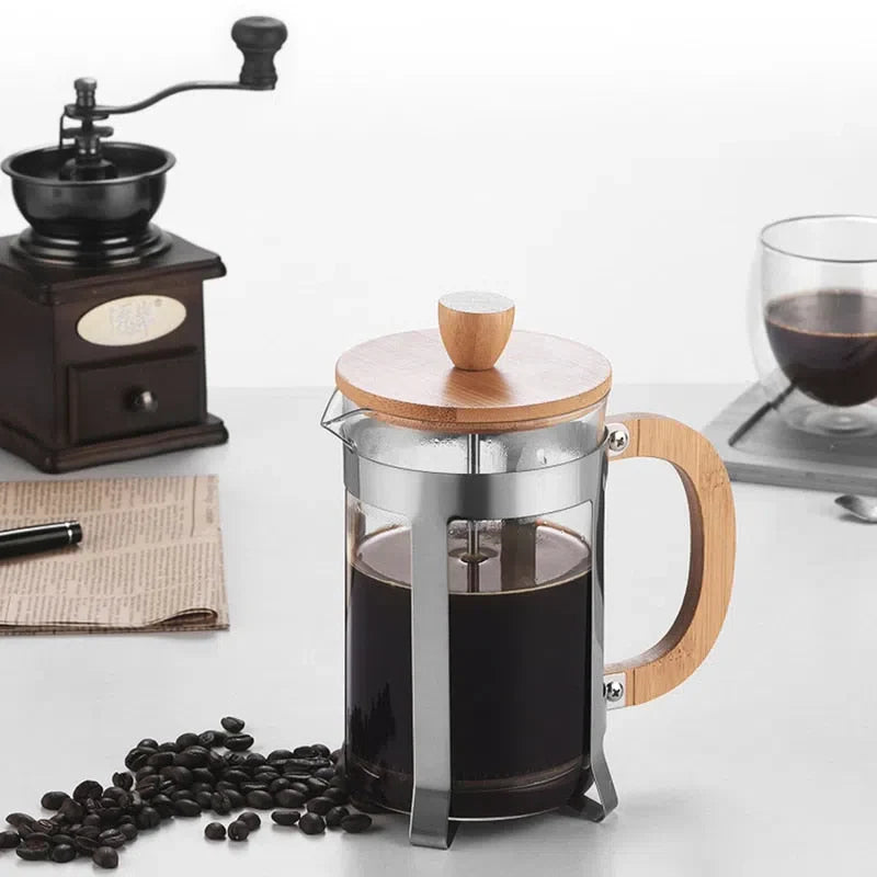 Cafeteira Prensa Francesa de Vidro Borossilicato com Tampa de Bambu - Disponível em 350ml, 600ml e 800ml
