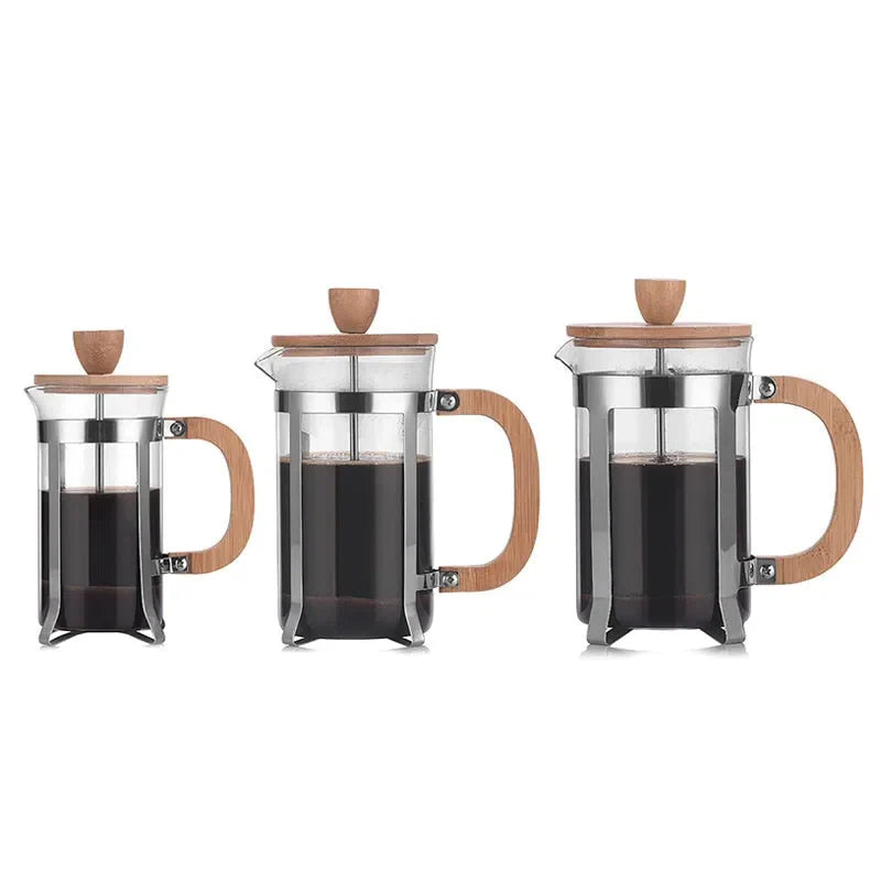 Cafeteira Prensa Francesa de Vidro Borossilicato com Tampa de Bambu - Disponível em 350ml, 600ml e 800ml