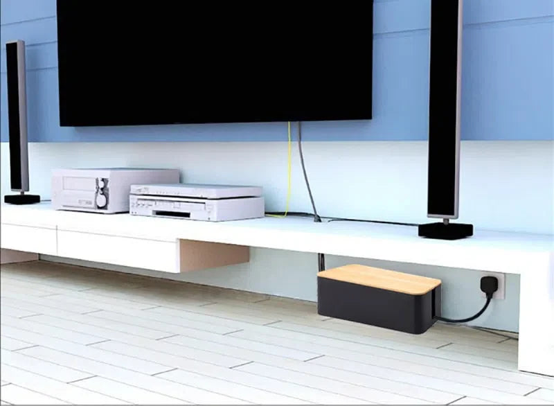 Caixa Organizadora de Cabos Preto e Branco com Tampa de Bambu