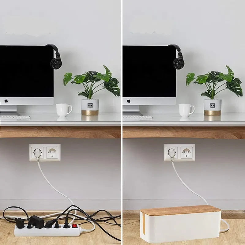 Caixa Organizadora de Cabos Preto e Branco com Tampa de Bambu