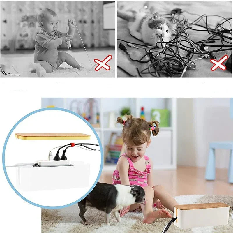 Caixa Organizadora de Cabos Preto e Branco com Tampa de Bambu