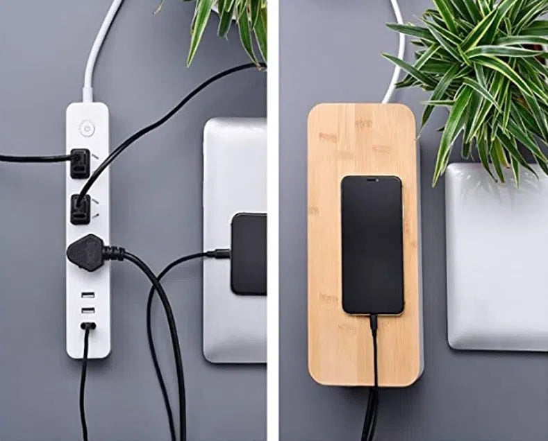 Caixa Organizadora de Cabos Preto e Branco com Tampa de Bambu