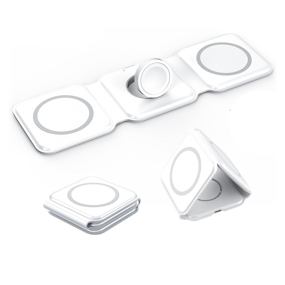 Carregador Indutivo Dobrável 3 em 1 com Suporte para Smartphone