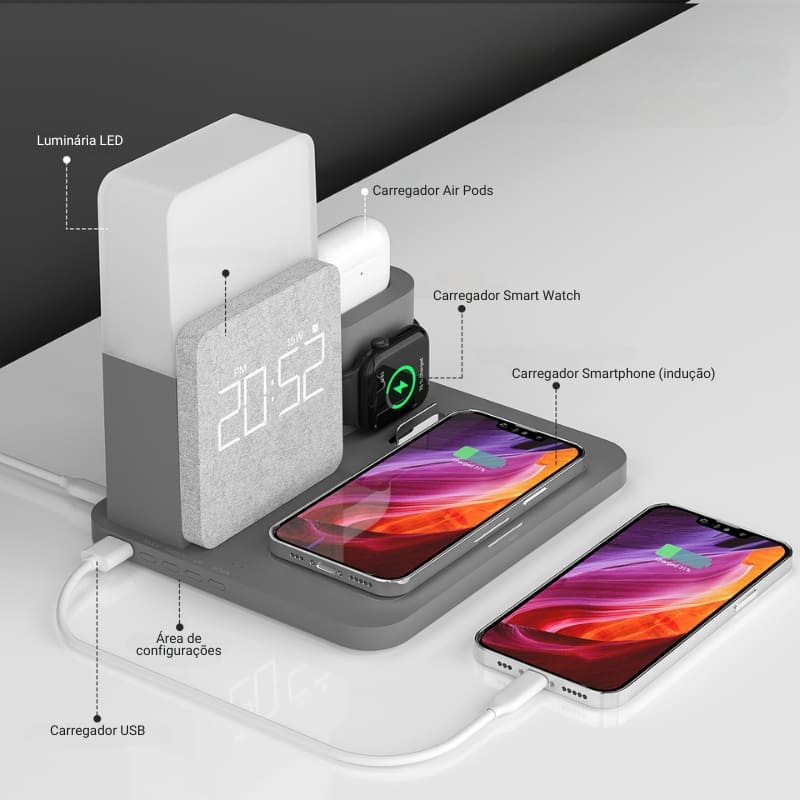 Carregador Indutivo com Luminária de Mesa e Função Despertador