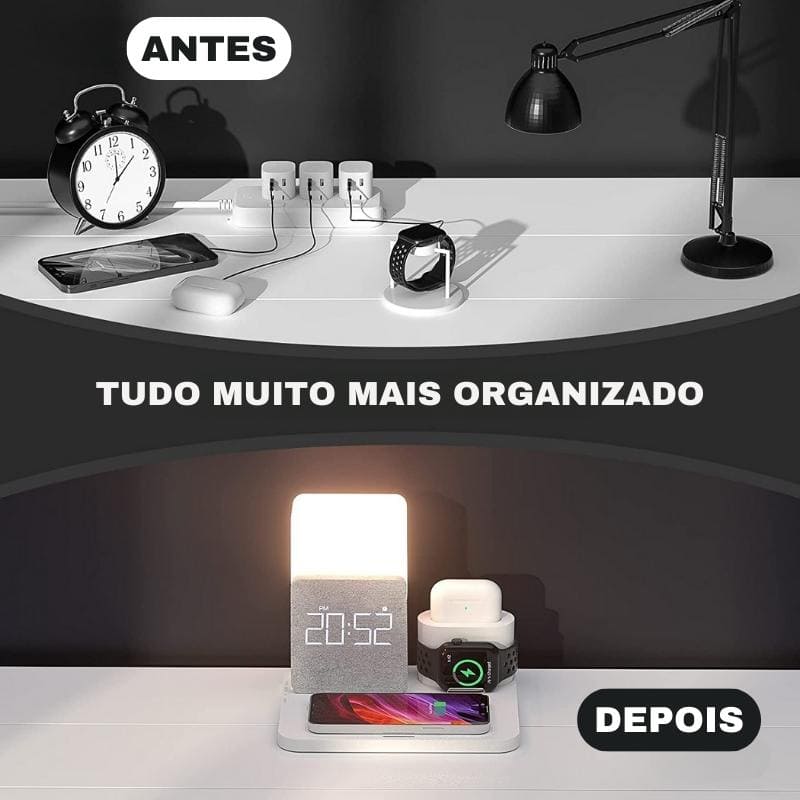 Carregador Indutivo com Luminária de Mesa e Função Despertador