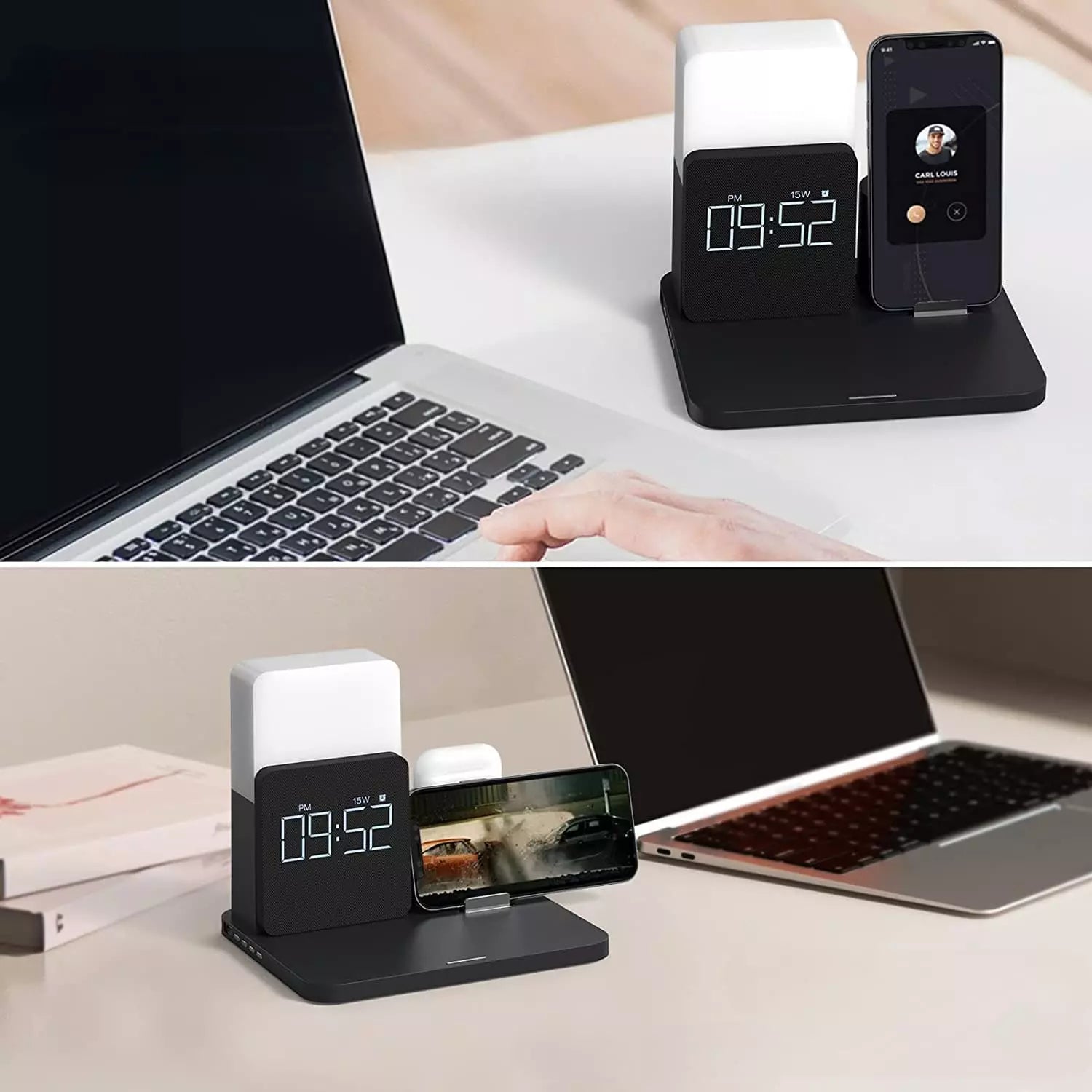 Carregador Indutivo com Luminária de Mesa e Função Despertador