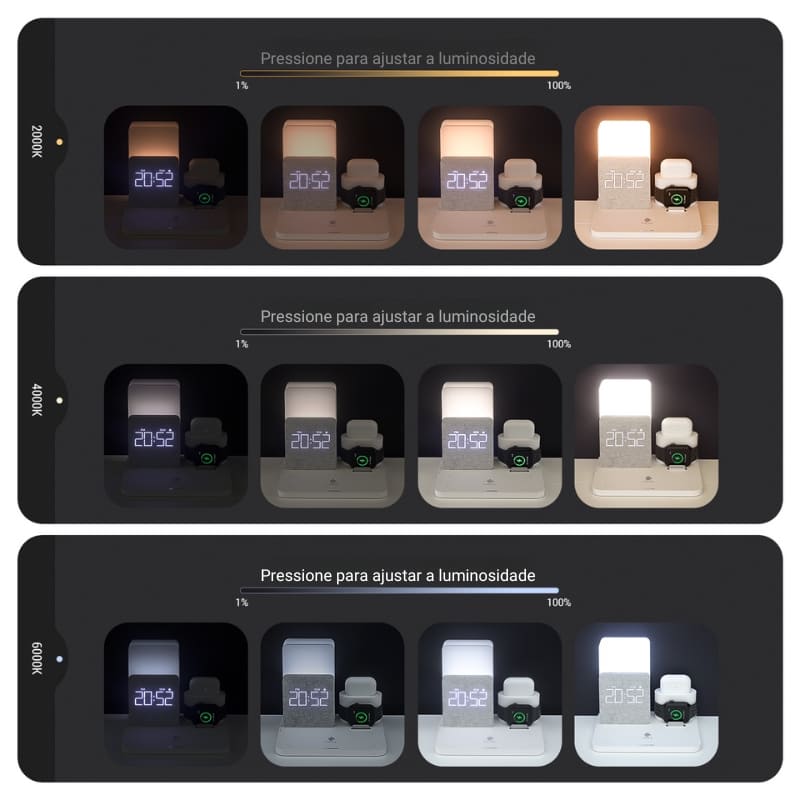 Carregador Indutivo com Luminária de Mesa e Função Despertador