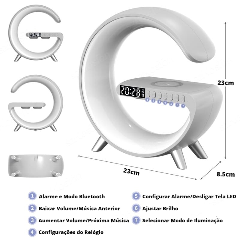 Carregador Indutivo para iPhone e Samsung com Despertador e Luminária Integrados