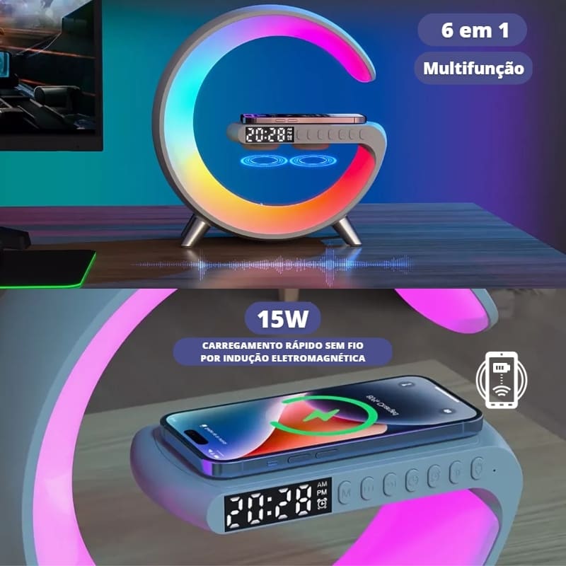 Carregador Indutivo para iPhone e Samsung com Despertador e Luminária Integrados