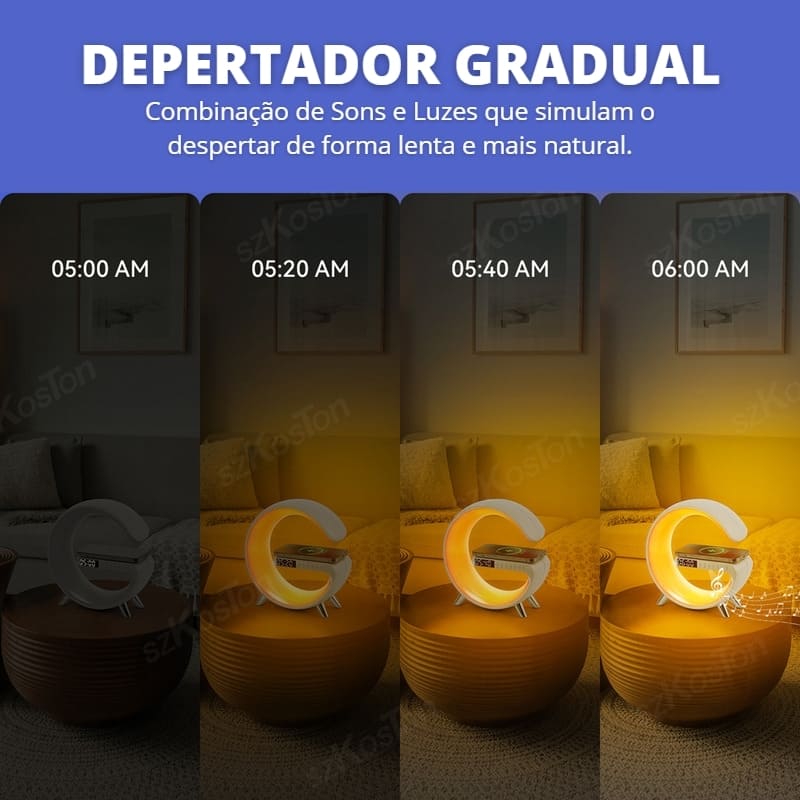 Carregador Indutivo para iPhone e Samsung com Despertador e Luminária Integrados