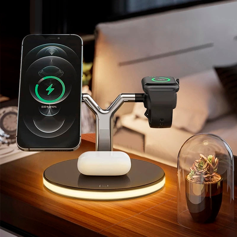 Carregador Magnético 3 em 1 para Apple com Luz LED