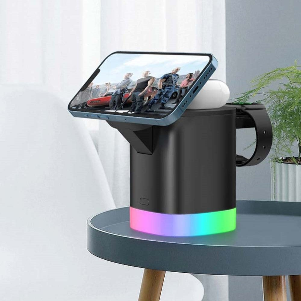 Carregador Magnético Sem Fio 3 em 1 com Iluminação RGB - Carregamento Rápido e Eficiente