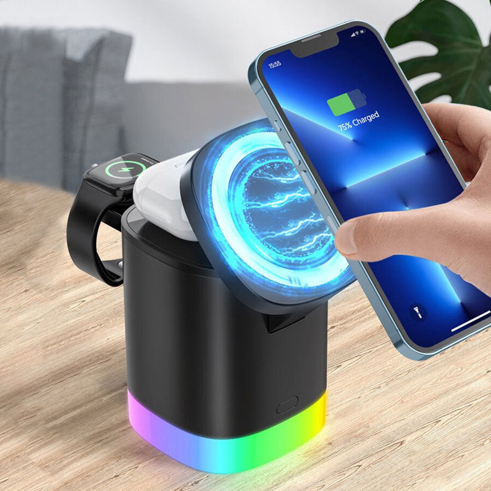 Carregador Magnético Sem Fio 3 em 1 com Iluminação RGB - Carregamento Rápido e Eficiente