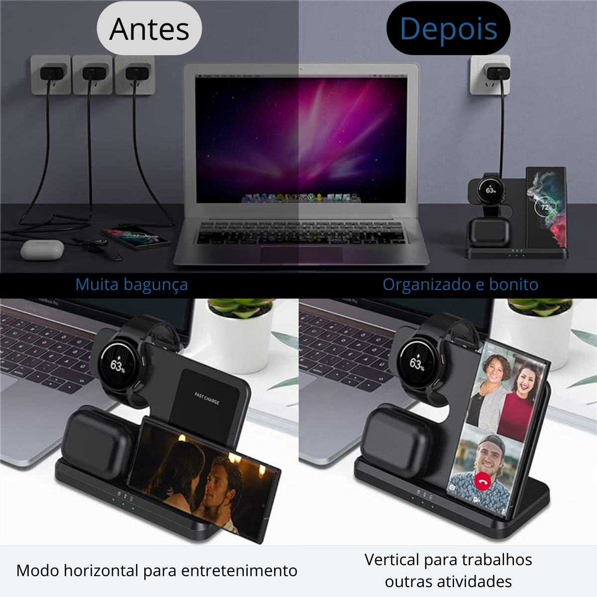 Carregador Sem Fio 3 em 1 para Dispositivos Samsung - Carregamento Rápido e Eficiente