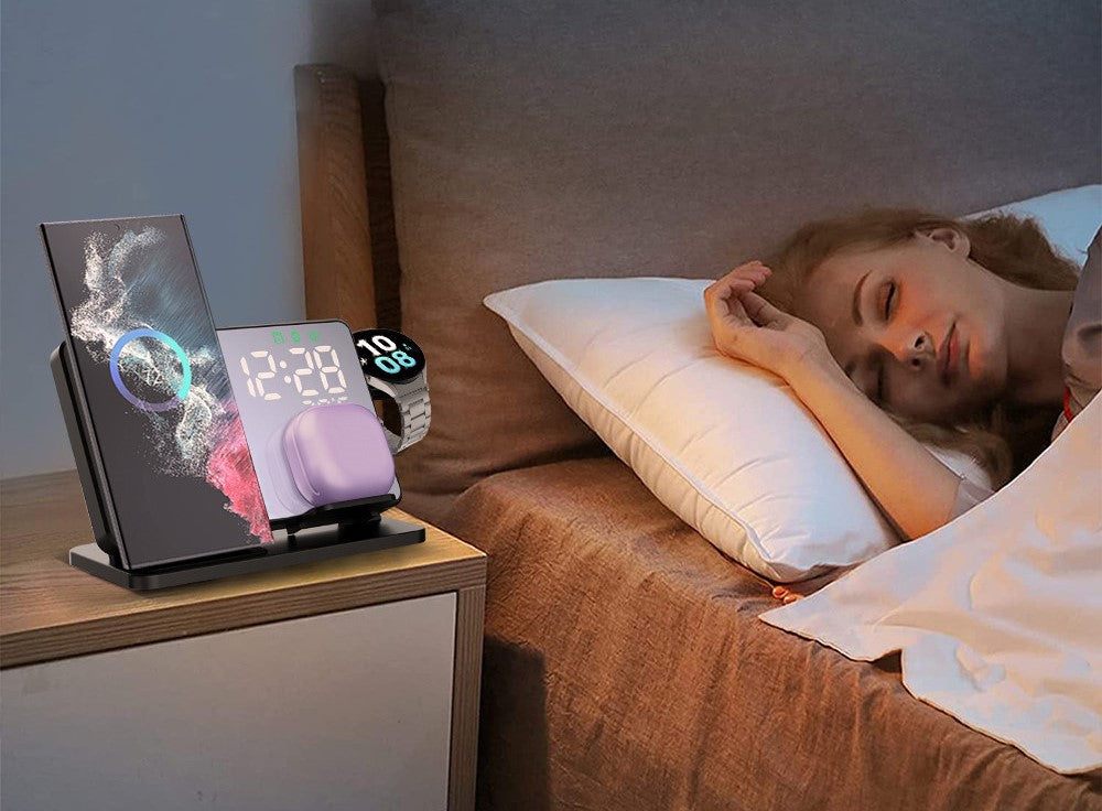Carregador Sem Fio 3 em 1 para Samsung com Relógio LED Integrado