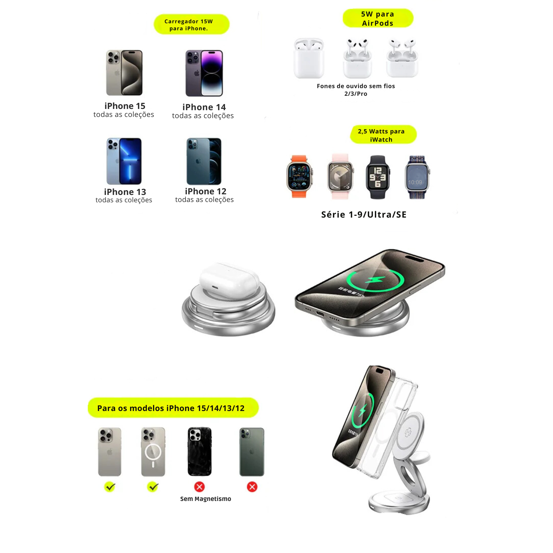 Carregador Sem Fio 3 em 1 para iPhone, Apple Watch e AirPods