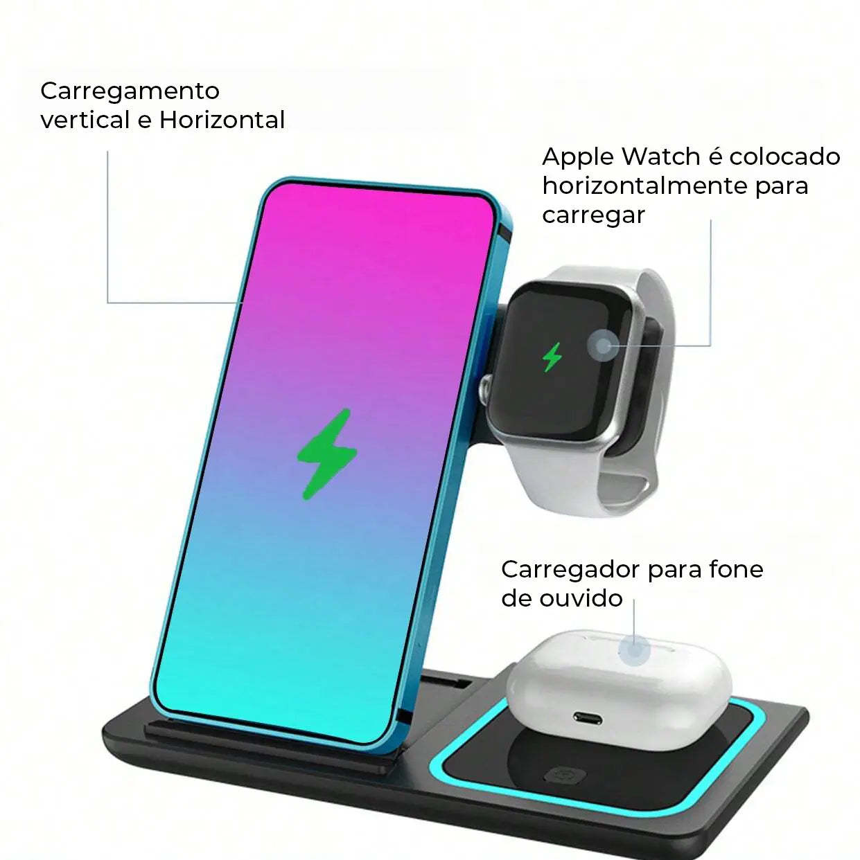 Carregador Sem Fio 3 em 1 para iPhone - Base de Carregamento Multifuncional