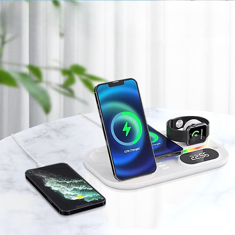 Carregador Sem Fio 4 em 1 com Relógio Digital Integrado