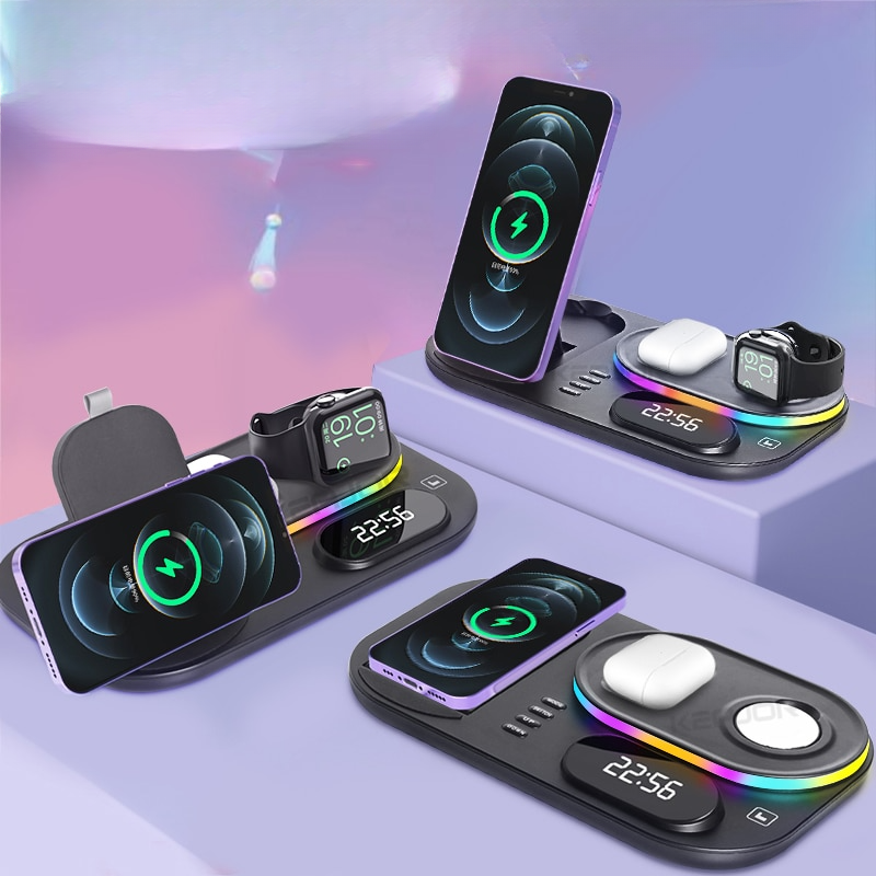 Carregador Sem Fio 4 em 1 com Relógio Digital Integrado