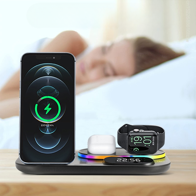 Carregador Sem Fio 4 em 1 com Relógio Digital Integrado
