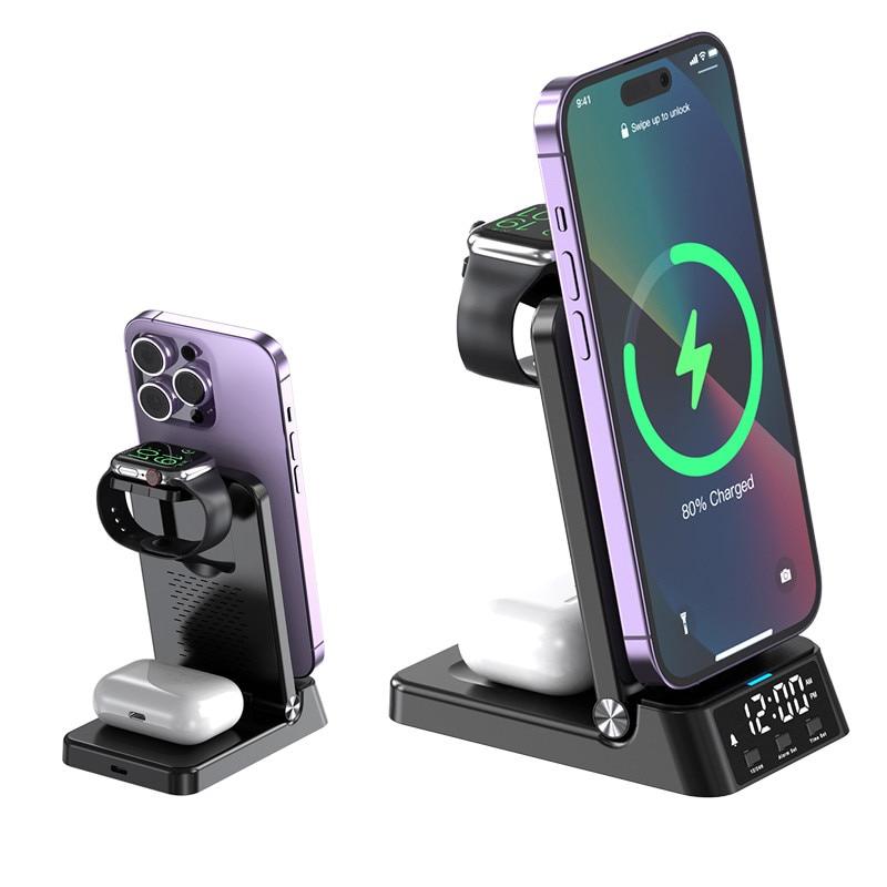Carregador Sem Fio 4 em 1 com Relógio LED - Fast Charger Multifuncional