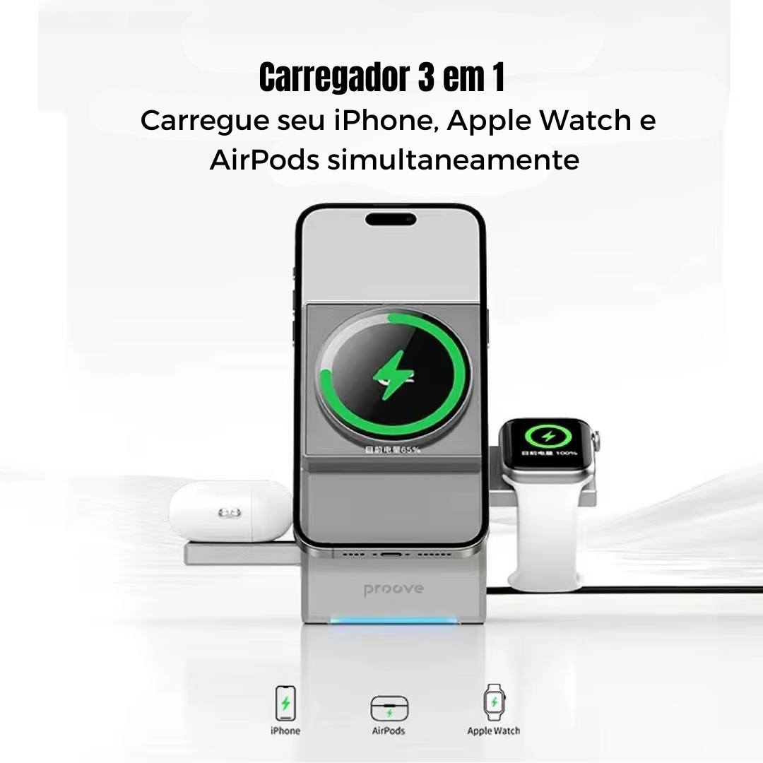 Carregador Sem Fio Qi2 3 em 1 com Base Rotativa Automática
