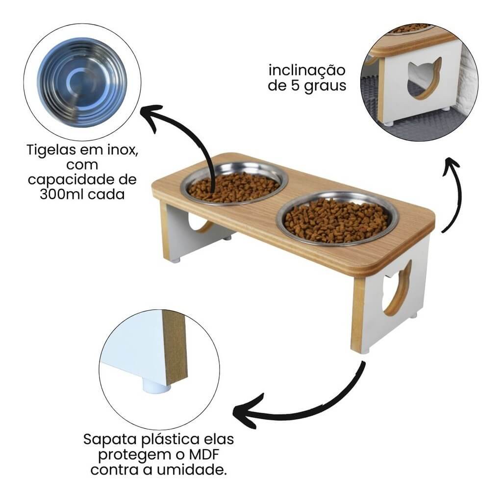 Comedouro e Bebedouro Elevado para Gato em MDF - Acessórios para Animais de Estimação