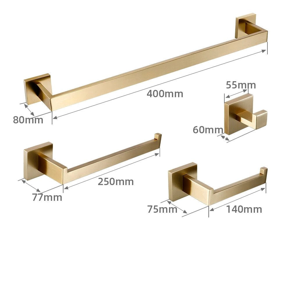 Conjunto Completo de Acessórios para Banheiro 4 Peças Inox 40/60cm com Toalheiro Dourado Escovado