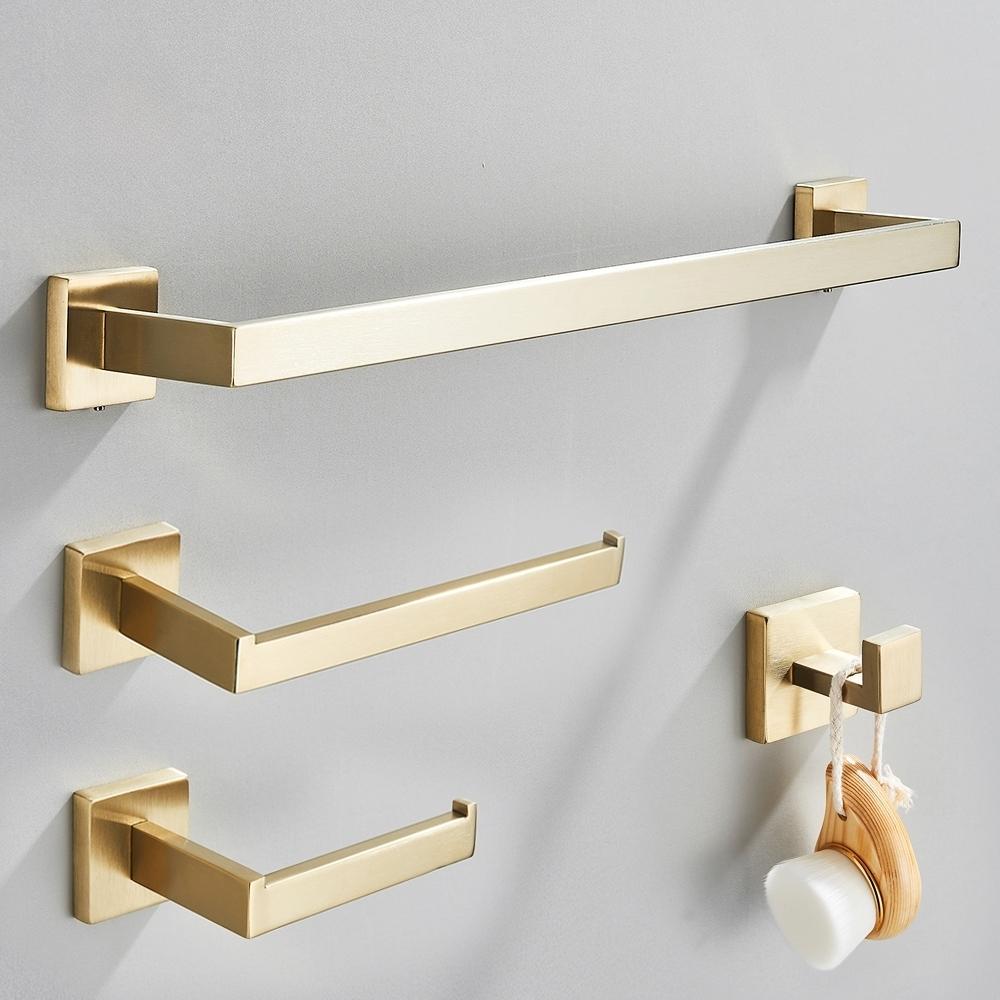 Conjunto Completo de Acessórios para Banheiro 4 Peças Inox 40/60cm com Toalheiro Dourado Escovado