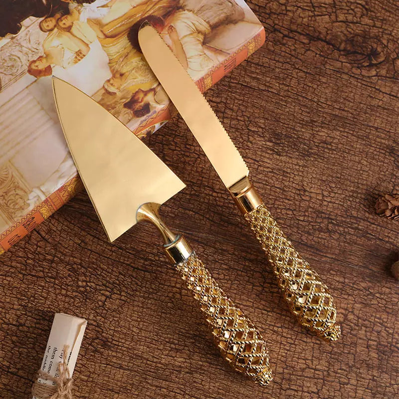 Conjunto Espátula e Faca Dourada para Bolos - Utensílios de Confeitaria