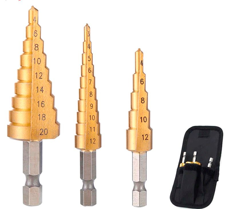 Conjunto de 3 Brocas de Titânio Escalonadas com Estojo Inclusivo