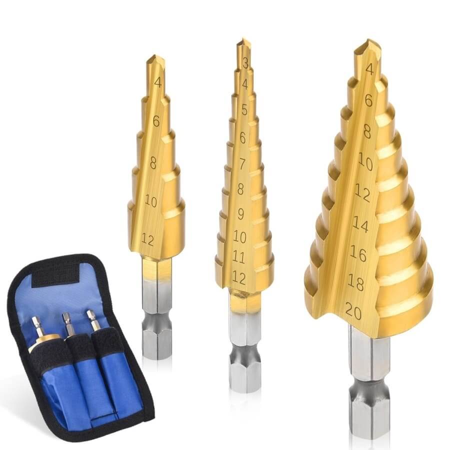 Conjunto de 3 Brocas de Titânio Escalonadas com Estojo Inclusivo