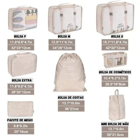 Conjunto de 8 Bolsas Organizadoras Impermeáveis para Viagem