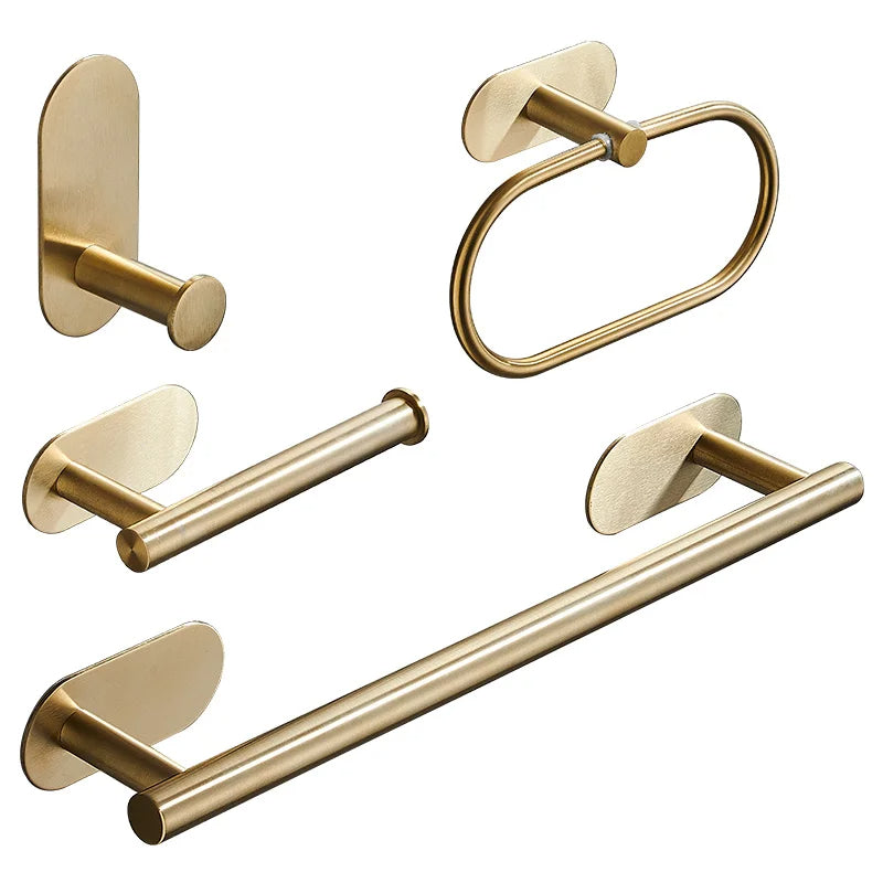 Conjunto de Acessórios para Banheiro 4 Peças Alto Adesivas Aço Inoxidável Escovado Dourado