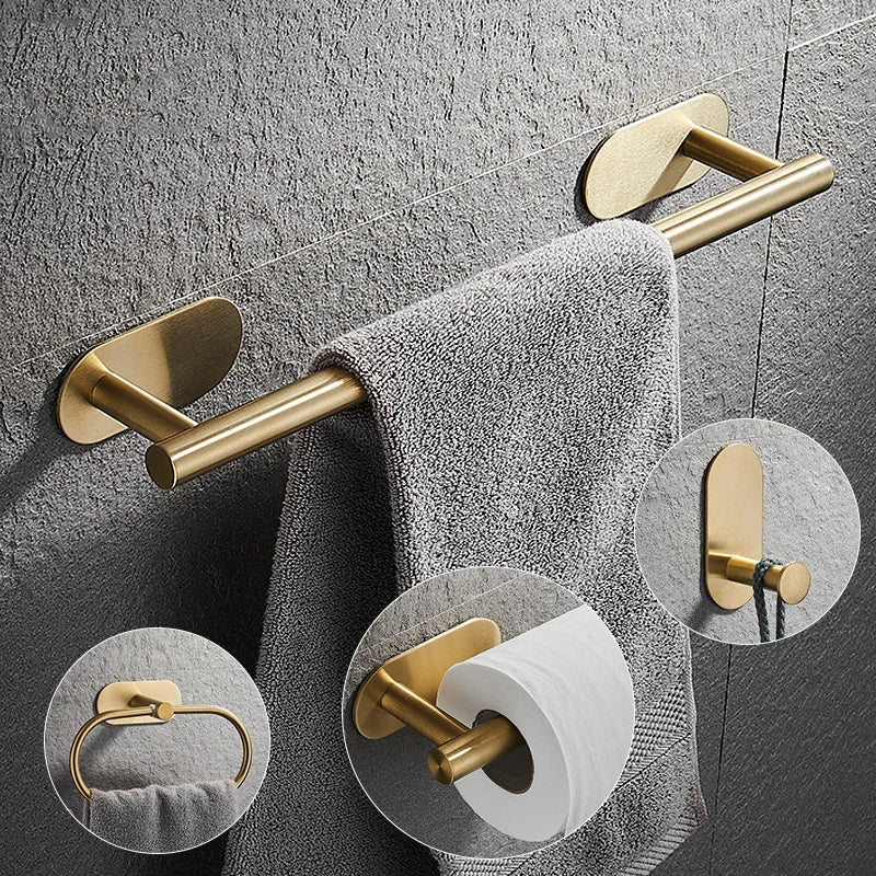 Conjunto de Acessórios para Banheiro 4 Peças Alto Adesivas Aço Inoxidável Escovado Dourado