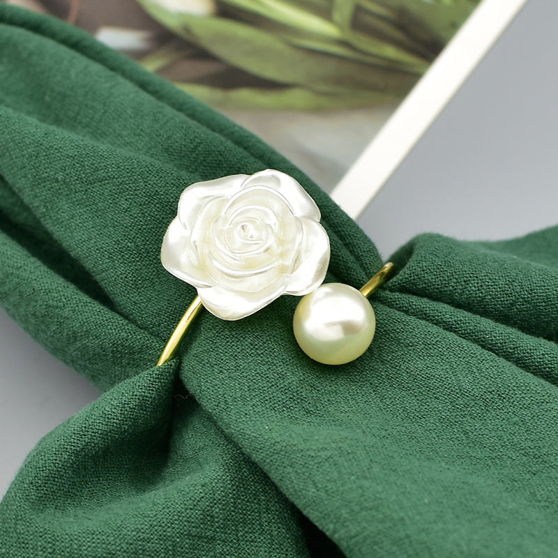 Conjunto de Anéis de Guardanapo de Tecido com Flor e Pérola - Acessórios para Mesa