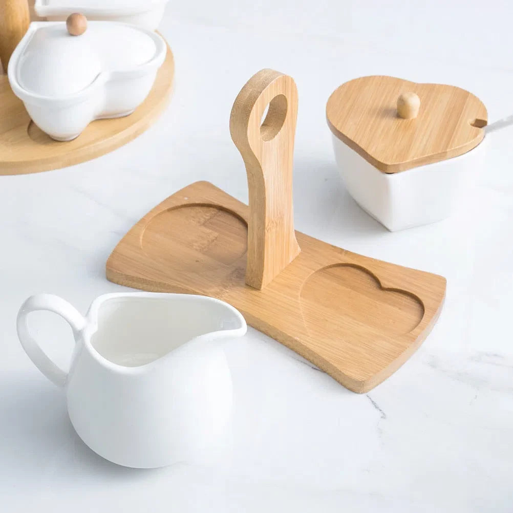 Conjunto de Cerâmica e Bambu - Base, Jarro e Açucareiro para Decoração