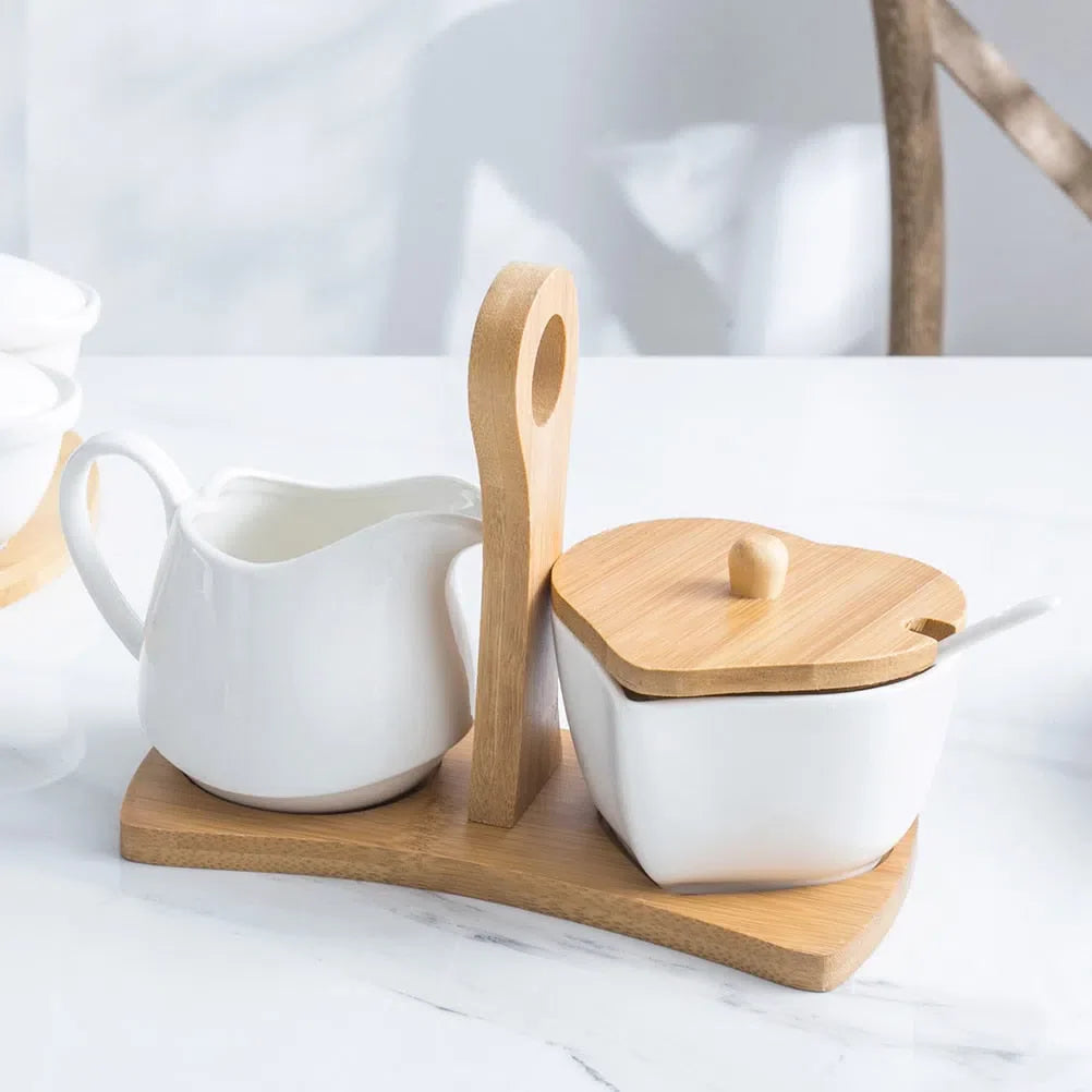 Conjunto de Cerâmica e Bambu - Base, Jarro e Açucareiro para Decoração