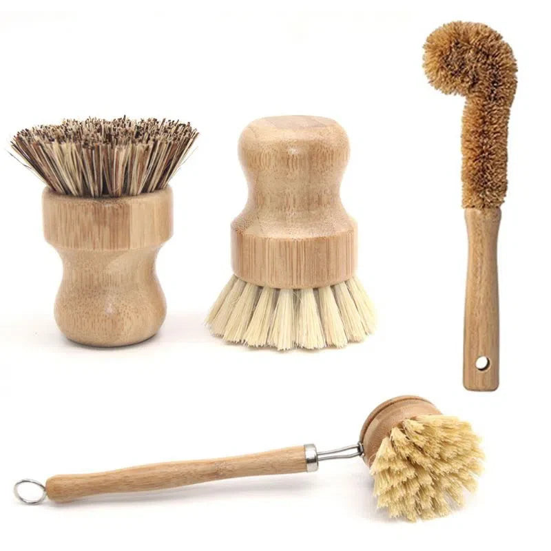Conjunto de Escovas de Bambu para Limpeza de Cozinha - 4 Peças Ecológicas