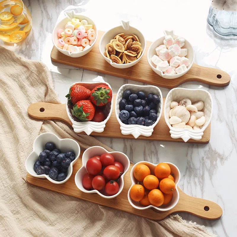 Conjunto de Petisqueiras de Porcelana com Mini Tábua de Bambu - Ideal para Servir Aperitivos