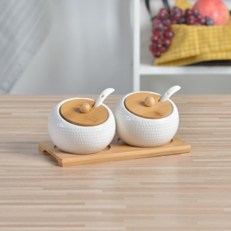 Conjunto de Porta Temperos em Cerâmica com Base de Bambu - Organizador de Temperos para Cozinha