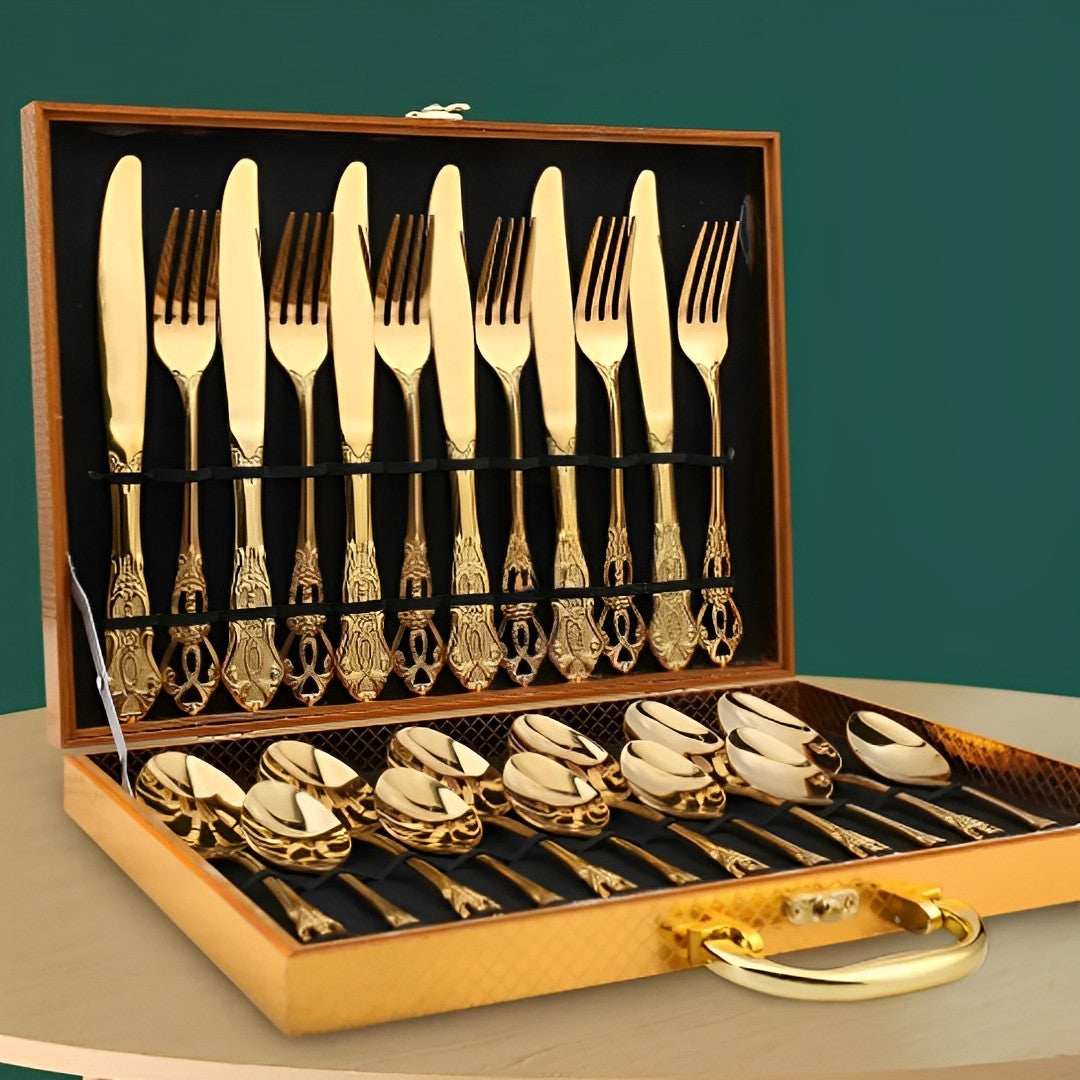 Conjunto de Talheres Dourados em Aço Inoxidável - 24 Peças, Design Elegante para Jantar