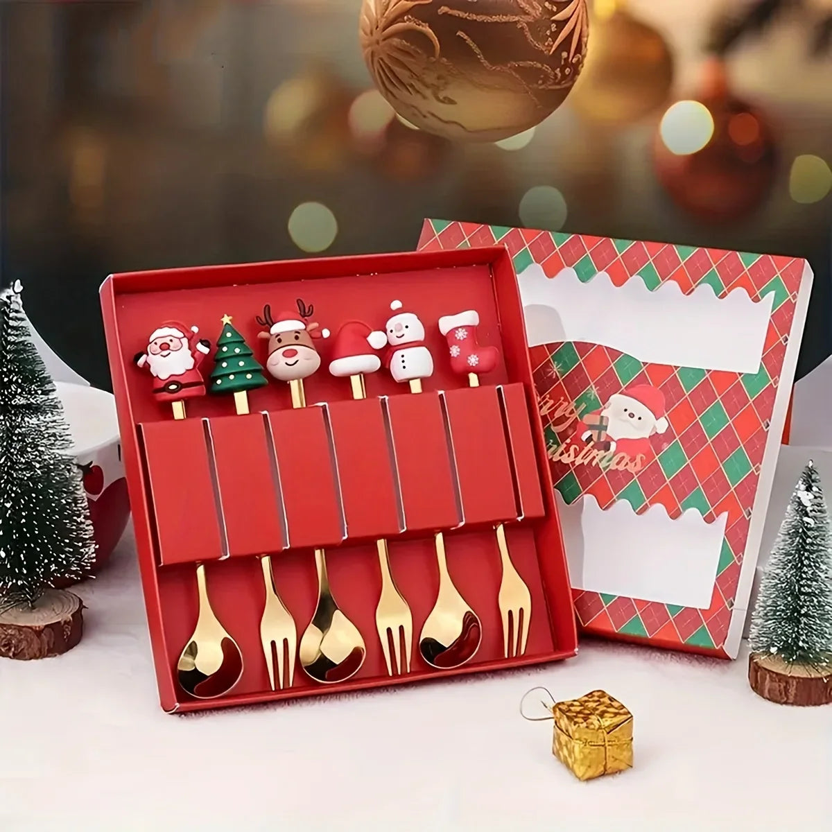Conjunto de Talheres Dourados em Aço Inoxidável para Festas de Natal