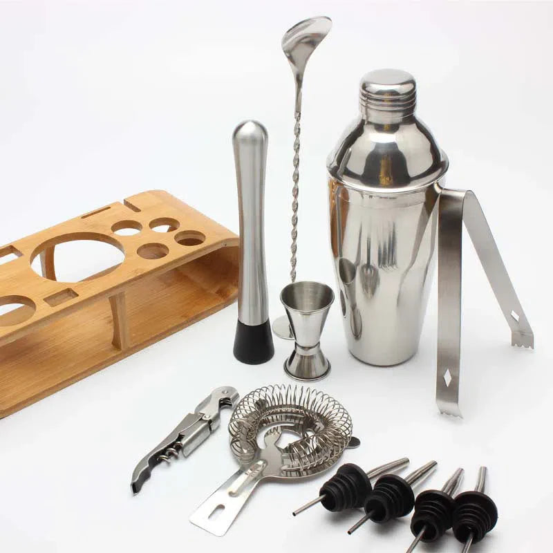 Conjunto de Utensílios de Coquetelaria Profissional com Suporte de Bambu - 12 Peças