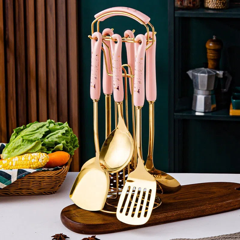 Conjunto de Utensílios de Cozinha em Aço Inoxidável com Cabo de Cerâmica - 7 Peças
